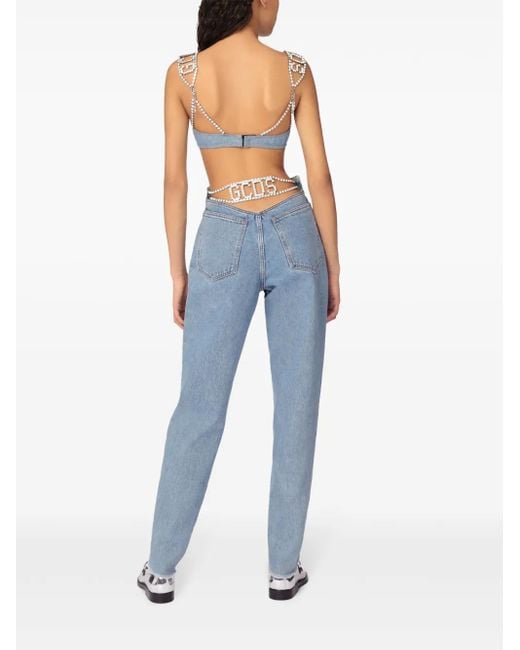 Gcds Blue Crystal-Embellished Straight-Leg Denim Jeans