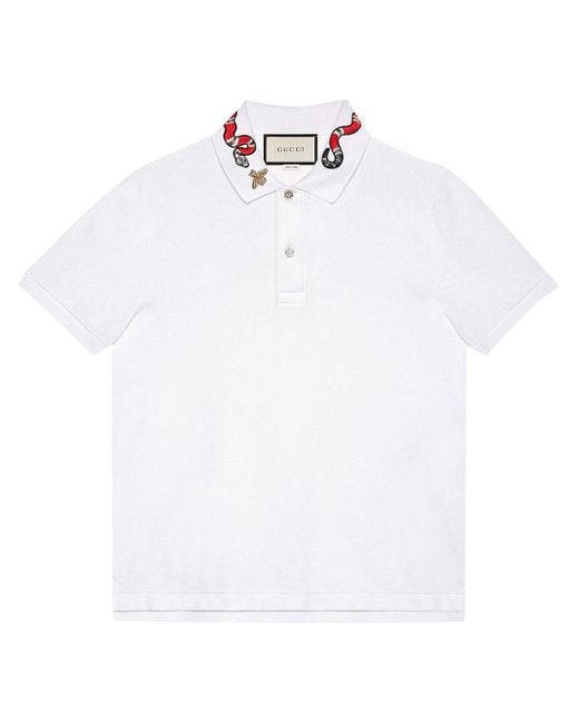 Gucci Cotton Polo With Snake Embroidery in White for Men | Lyst