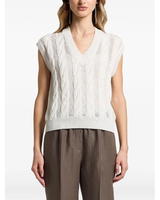 Peserico White Sequinned Cable-Knit V-Neck Top