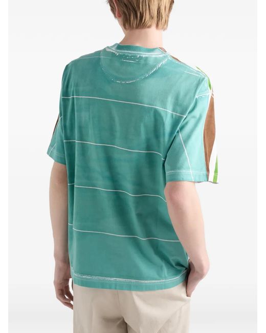 Prada Green Striped Logo-Patch T-Shirt for men