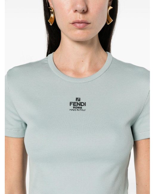 Fendi Blue T-Shirt mit Logo-Stickerei