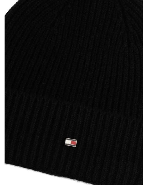 Tommy Hilfiger Black Ribbed Logo-Plaque Beanie for men