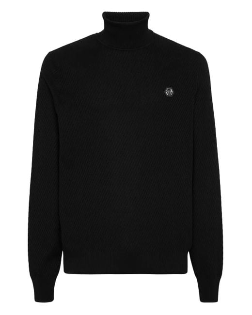 Philipp Plein Black Ribbed Turtle-Neck Sweater for men
