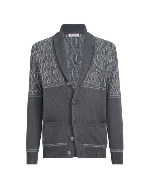 Brunello Cucinelli Gray Cotton Shawl-Collar Cardigan With Jacquard Cable Shoulder for men