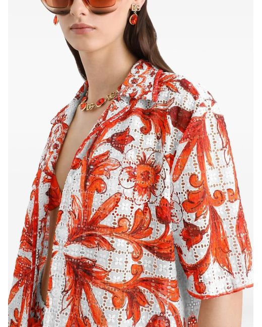 Dolce & Gabbana Red Majolica-Print Broderie Anglaise Lace Shirt