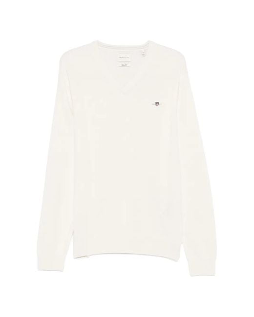 Gant White V-Neck Logo Sweater for men