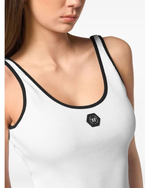Philipp Plein White Cotton Rib Tank Top Hexagon