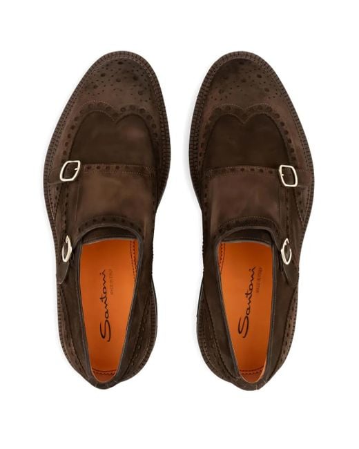 Santoni Brown Double-Buckles Suede Monk Shoes for men