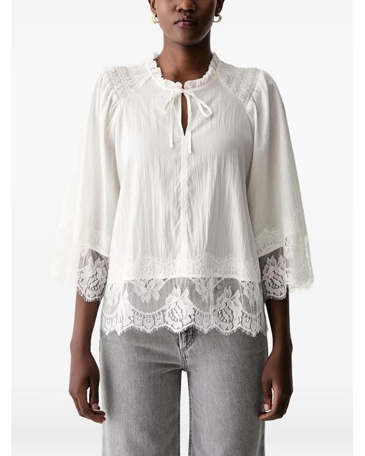 Mos Mosh Gray Mmeisa Lace-Trim Smocked-Detail Blouse