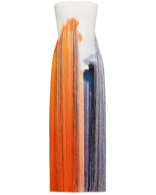 Oscar de la Renta Brushstroke-Print Fringed Maxi Dress in Orange | Lyst
