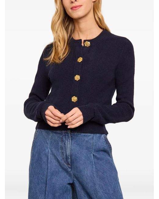 Cara Cara Blue Floral-Buttons Wool-Cashmere Blend Cardigan