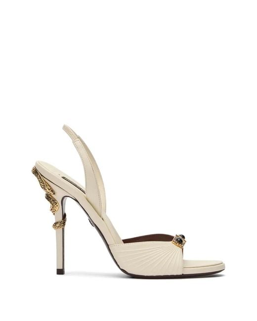 Roberto Cavalli White Jewelled-Buckle Snake-Detail Sandals