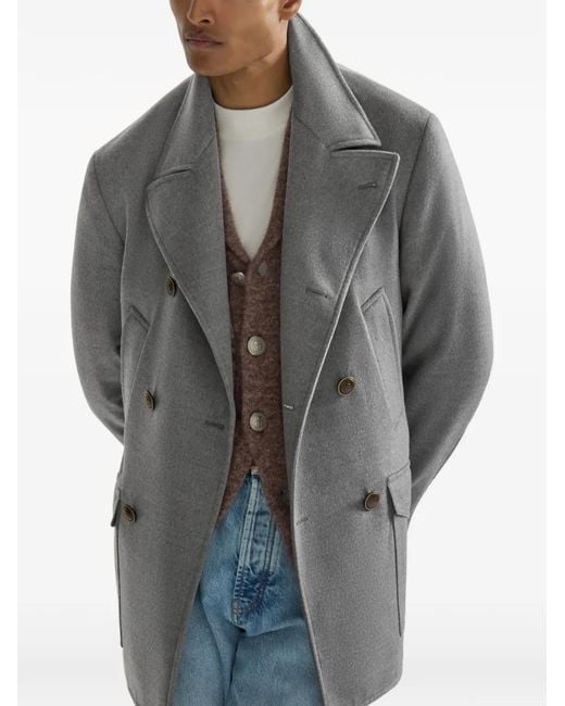 Brunello Cucinelli Gray Virgin Wool Cloth Four-Pocket Pea Coat for men