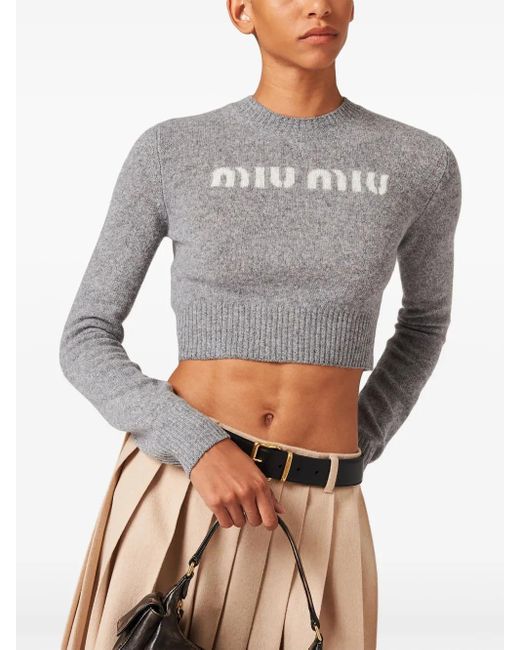 Miu Miu Gray Intarsien-Pullover Mit Logo