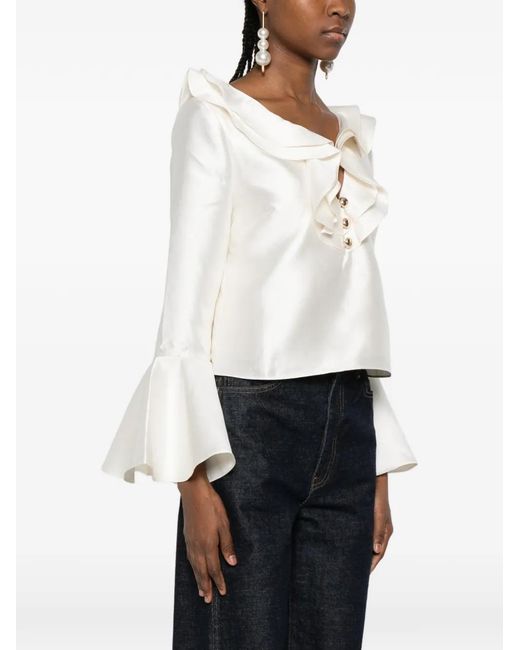 Self-Portrait White Taffeta Ruffled Blouse