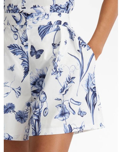 Oscar de la Renta Blue Floral-Print High-Waisted Shorts
