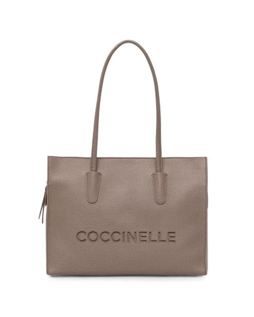 Coccinelle Gray Medium Myrtha26 Logo-Debossed Grained Leather Tote Bag