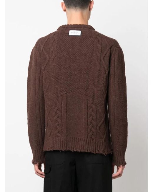 Philipp Plein Brown Distressed Cable-Knit Jumper for men