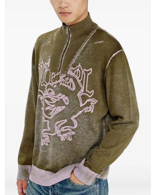 DIESEL Green Pull À Col Zippé Et Motif De Griffon for men