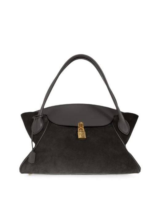Balmain Black Pulse Day Small Padlock-Detail Suede Tote Bag