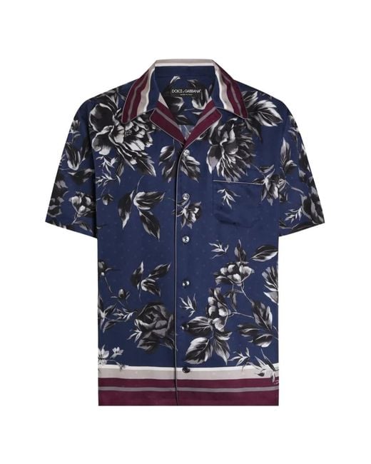 Dolce & Gabbana Blue Peony-Print Hawaii Twill Shirt for men