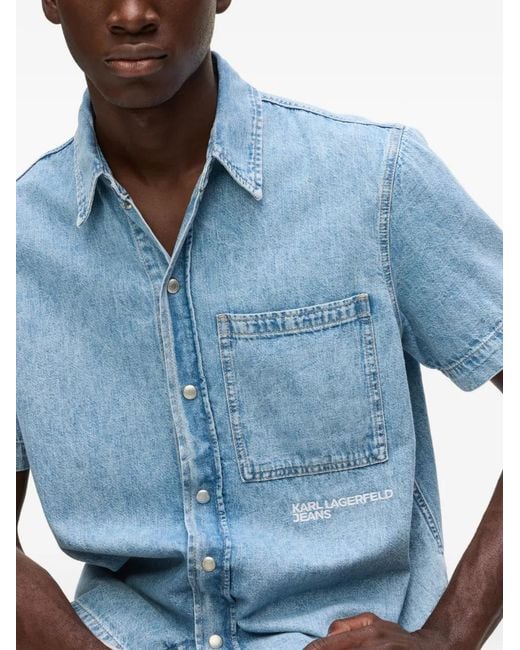 Karl Lagerfeld Blue Light Denim Short-Sleeve Shirt With Classic Collar for men