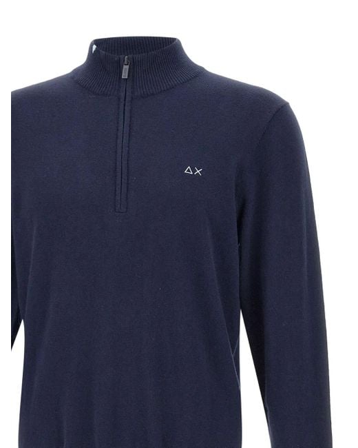 Sun 68 Blue Embroidered-Logo Half-Zip Sweater for men