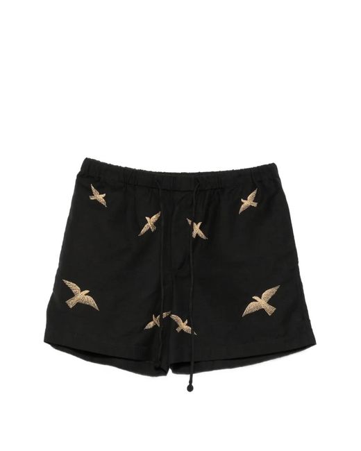 BAZISZT Black Bird-Embroidered Drawstring Shorts for men