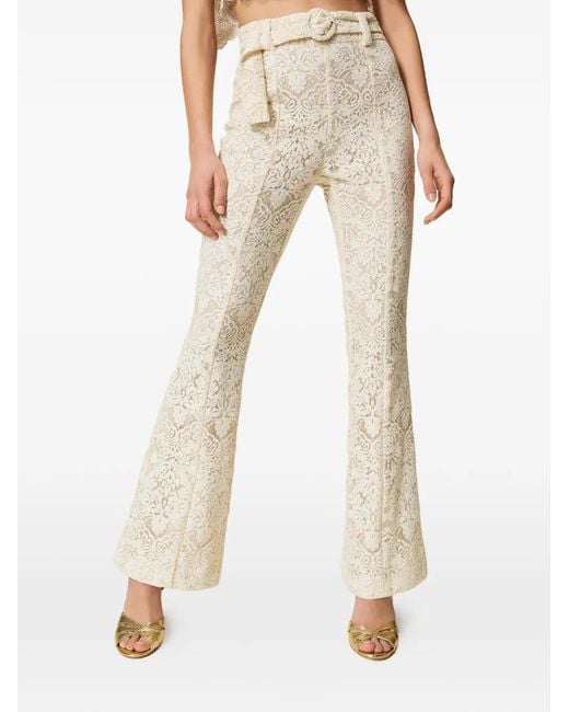 Twinset White Flared Lace Trousers With Belt