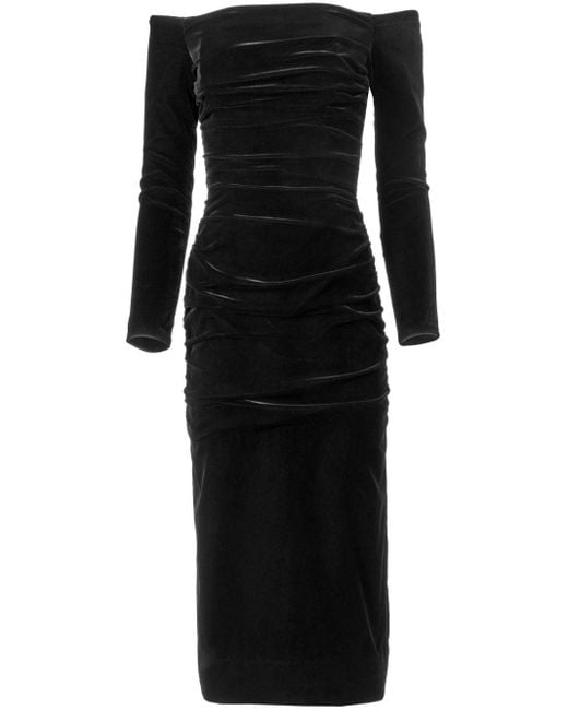 Carolina Herrera Black Ruched Velvet Midi Dress