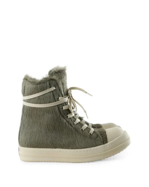 Rick Owens Green Fur-Texture High-Top Sneakers
