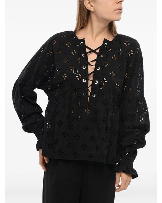 John Richmond Black Broderie Anglaise Lace-Up Blouse
