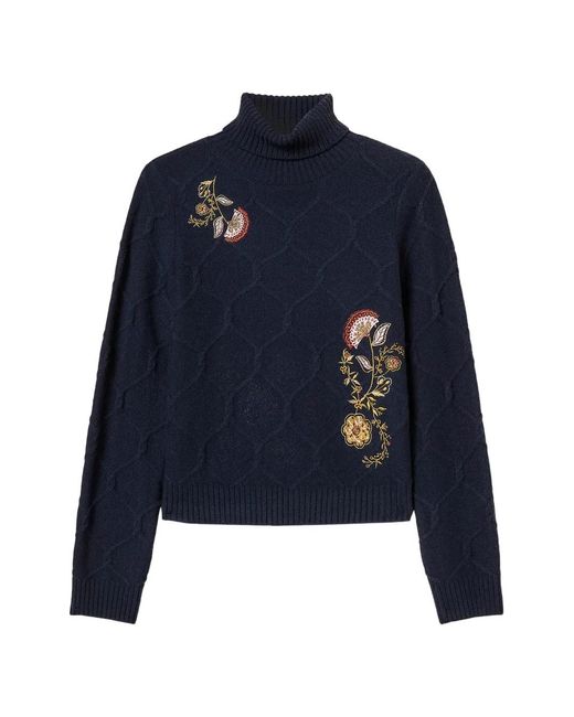 Twinset Blue Turtleneck Wool Jumper With Floral Embroidery