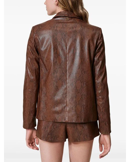 Twinset Brown Lizard-Skin Effect Faux Leather Blazer