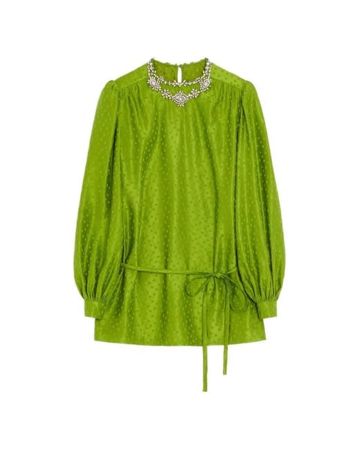 Valentino Garavani Green Embroidered Silk-Linen Plus-De-Pois Jacquard Top