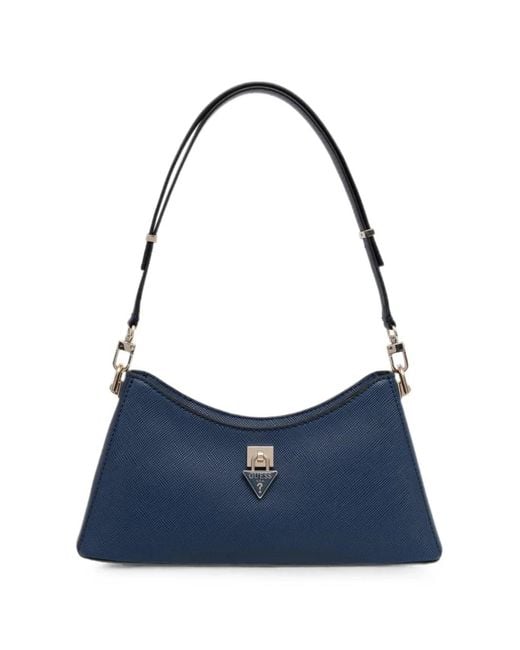 Guess Blue Patsie Logo-Plaque Crosshatch-Texture Tote Bag
