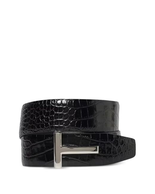 Tom Ford Black T-Bar Animal-Effect Leather Belt for men