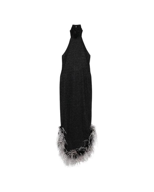 Oseree Black Feather-Trim Midi Dress