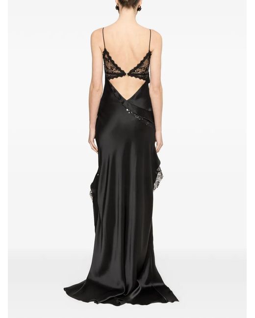 Nissa Black Lace-Trim Sequin-Embellished Asymmetric Dress