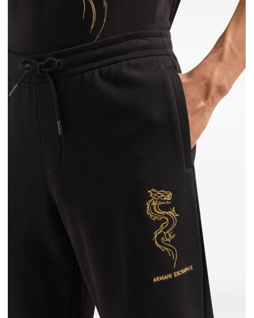 Armani Exchange Black Dragon-embroidery Cotton Track Pants for men
