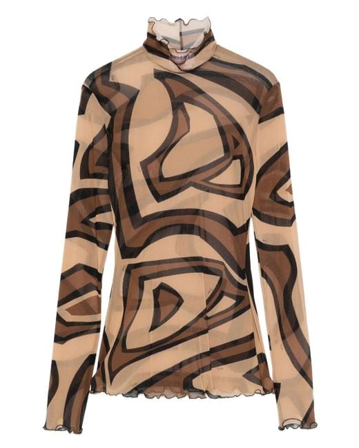 Emilio Pucci Brown Labirinto Print Tulle T-Shirt