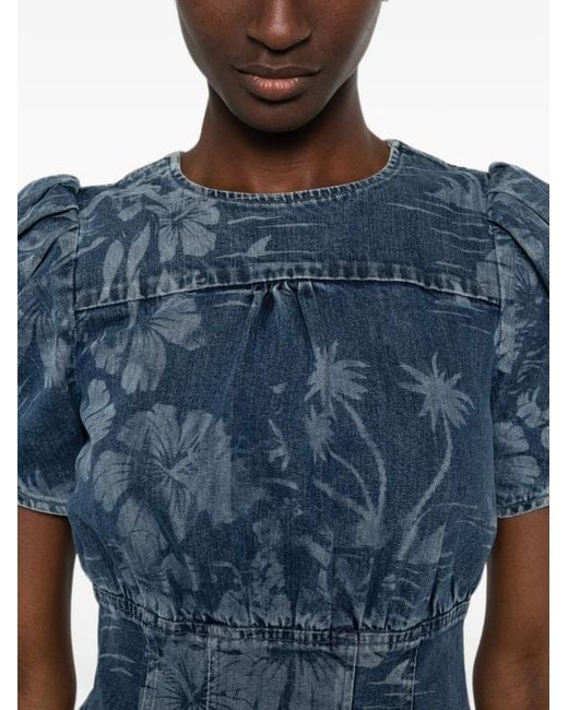 Marco Bologna Blue Floral-Print Puff-Sleeve Mini Dress