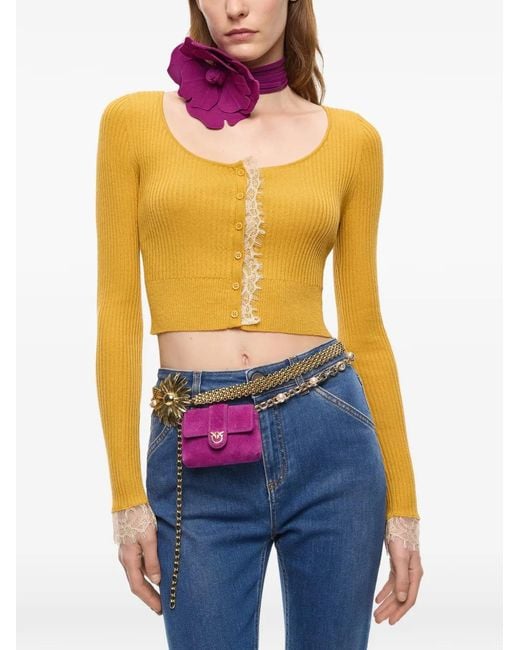 Pinko Yellow Lace-Trimmed Ribbed Cardigan