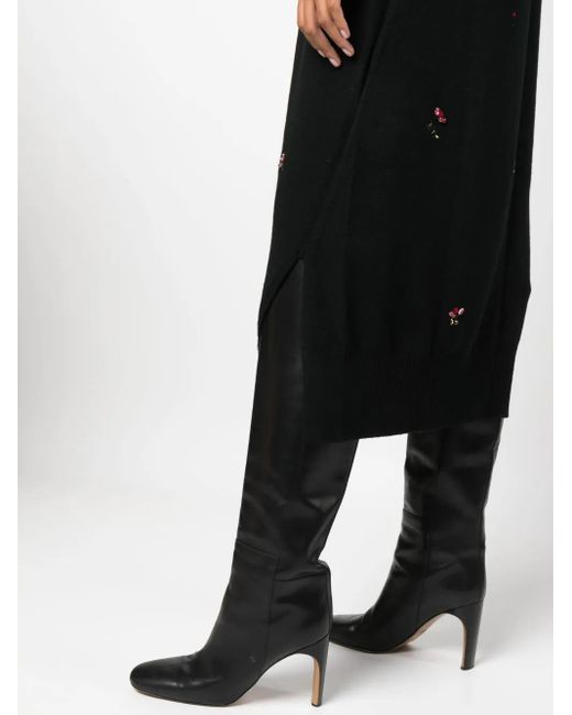 Barrie Black Floral-Embroidery Cashmere Dress