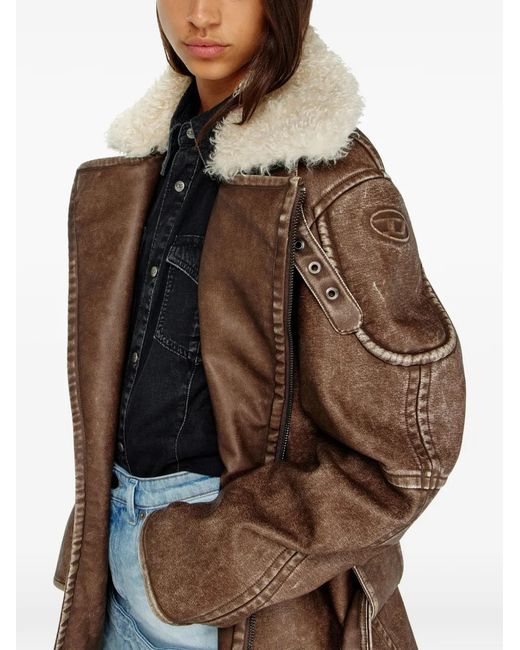 DIESEL Brown Distressed Leather Coat With Plush Shearling Collar