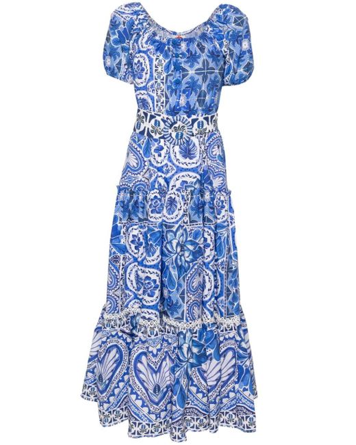 Farm Rio Blue Tile Dream Cotton Maxi Dress