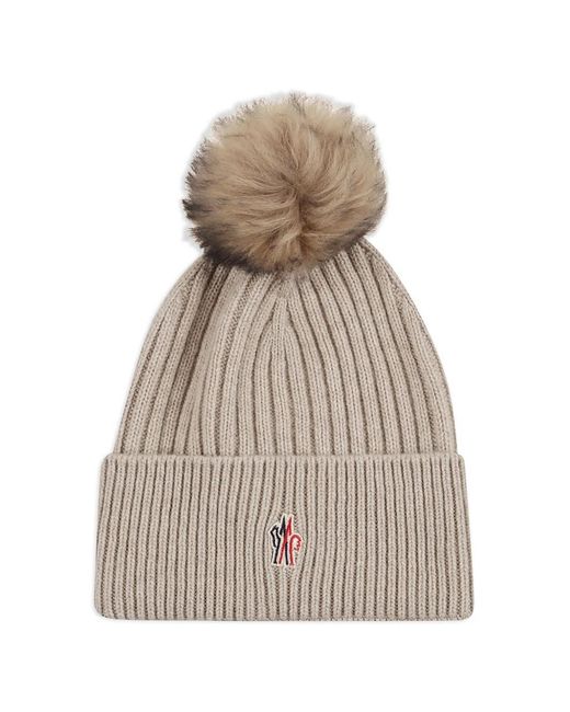 Moncler Natural Pompom Logo-Patch Beanie Hat
