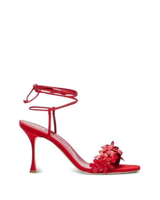 Manolo Blahnik Red Anista Floral-Detail Sandals