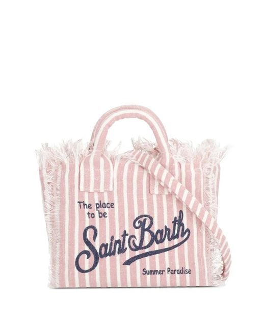 Mc2 Saint Barth Pink Mini Vanity Striped Frayed Tote Bag