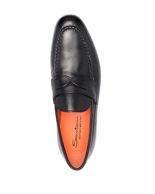 Santoni Black Leather Penny Loafers for men